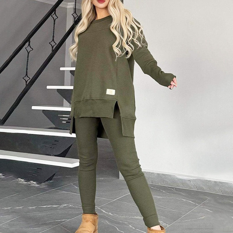 📢📢50%Rabatt!!!🎉✨Zweiteiler aus Sweatshirt mit Schlitz und High-Low-Saum & Bodycon-Hose