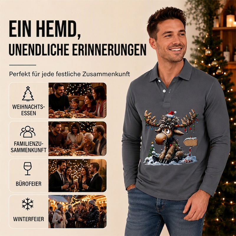 📢📢50%Rabatt!!!🎉✨Herren Langarm-Poloshirt mit Elchdruck
