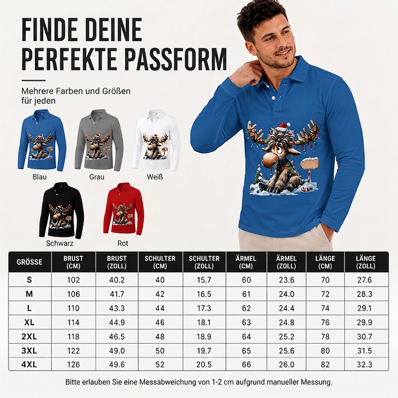 📢📢50%Rabatt!!!🎉✨Herren Langarm-Poloshirt mit Elchdruck