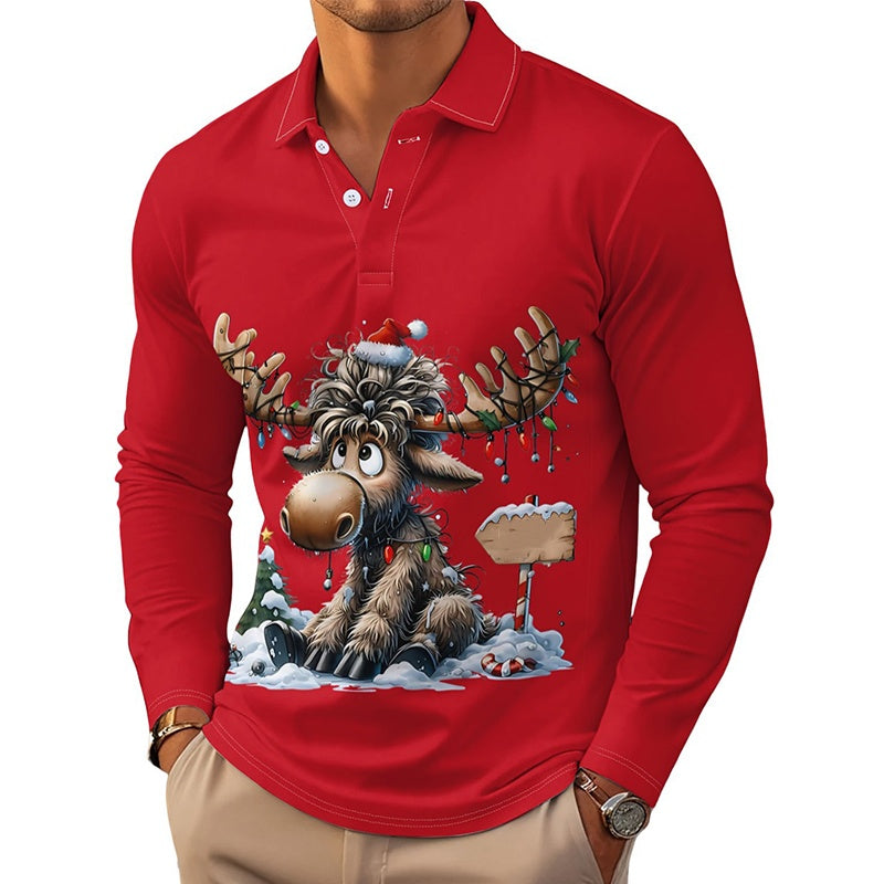 📢📢50%Rabatt!!!🎉✨Herren Langarm-Poloshirt mit Elchdruck