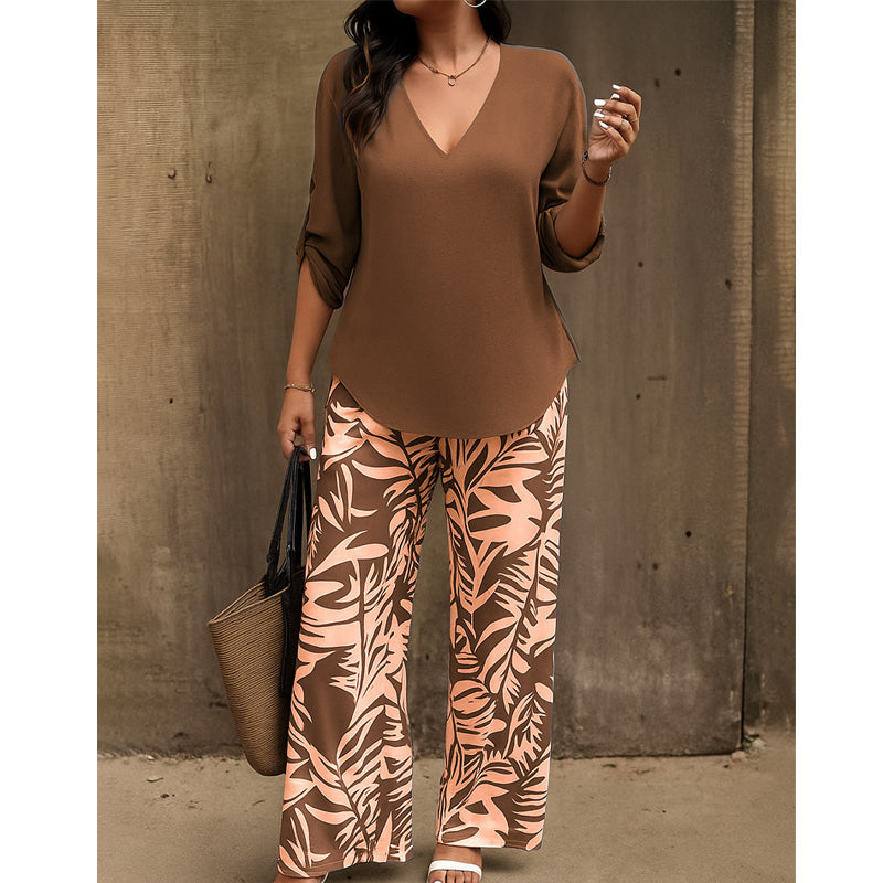 📢📢50% Rabatt!!! 🎉✨ Damen-Set aus V-Ausschnitt-Bluse & bedruckter Weithose