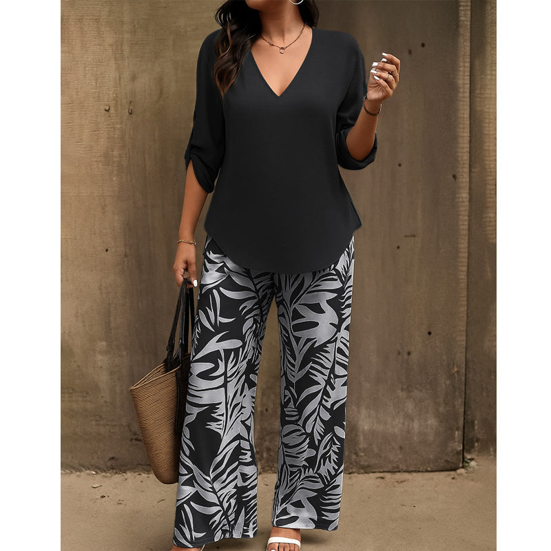 📢📢50% Rabatt!!! 🎉✨ Damen-Set aus V-Ausschnitt-Bluse & bedruckter Weithose