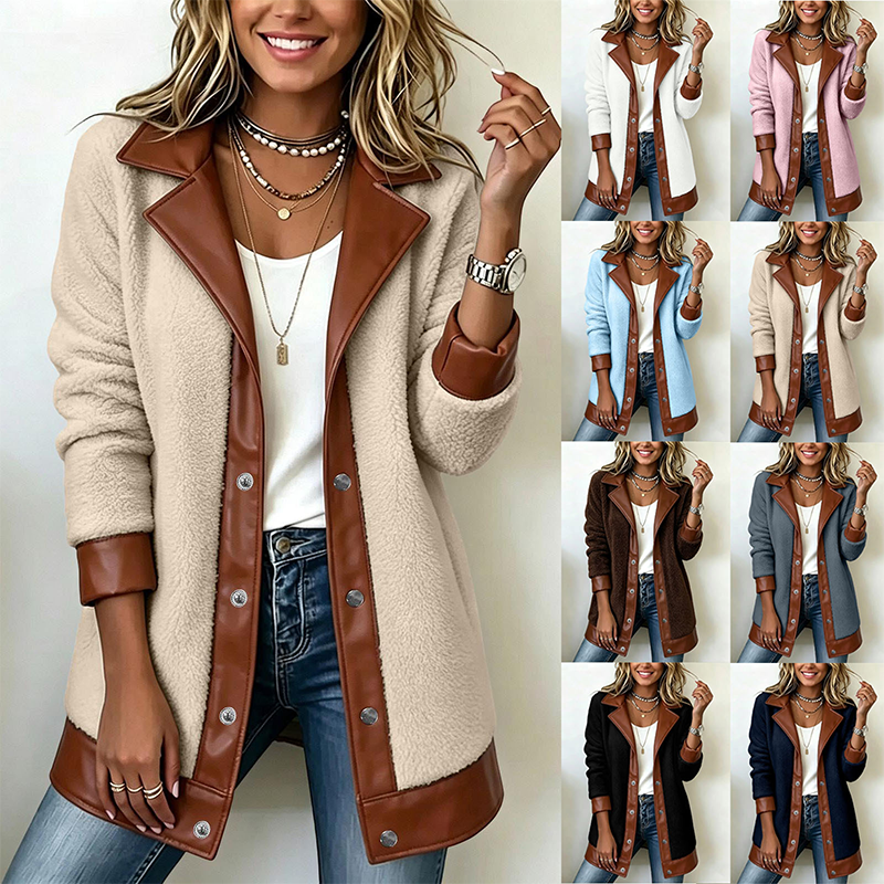 🧥🌸50%Rabatt!!!🛍️✨Damen Plüschjacke mit Revers und Patchwork-Design