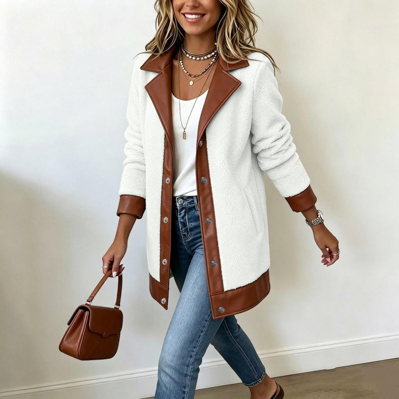 🧥🌸50%Rabatt!!!🛍️✨Damen Plüschjacke mit Revers und Patchwork-Design