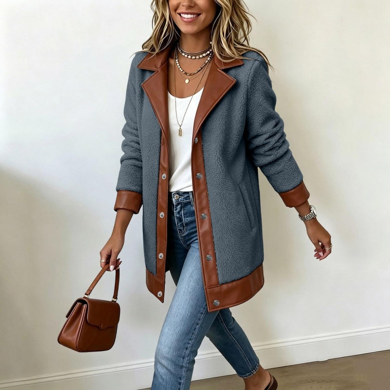 🧥🌸50%Rabatt!!!🛍️✨Damen Plüschjacke mit Revers und Patchwork-Design