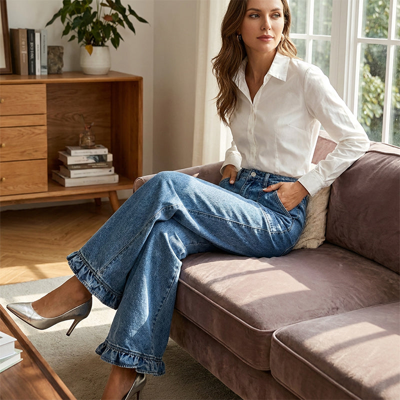 📢📢50%Rabatt!!!🎉✨Elegante Jeans mit geradem Bein und gerüschtem Saum für Damen