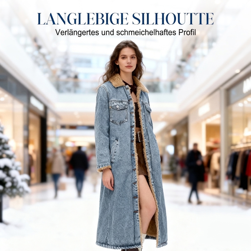 Langer, warmer gefütterter Jeansmantel für Damen