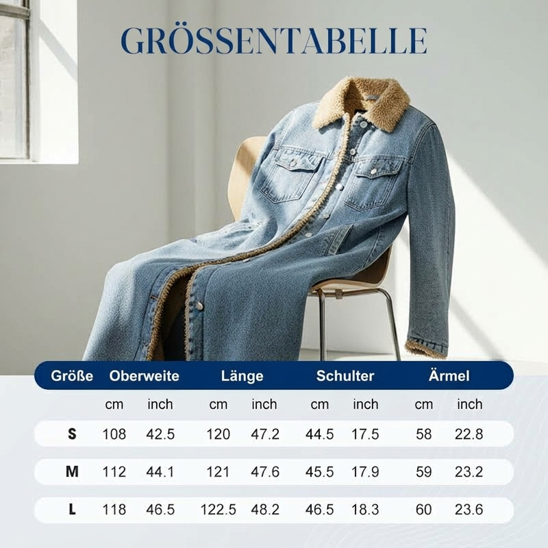 Langer, warmer gefütterter Jeansmantel für Damen