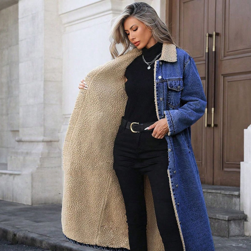 Langer, warmer gefütterter Jeansmantel für Damen