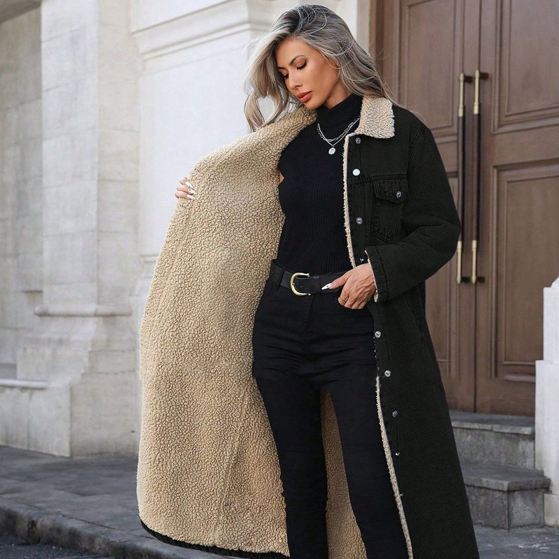 Langer, warmer gefütterter Jeansmantel für Damen