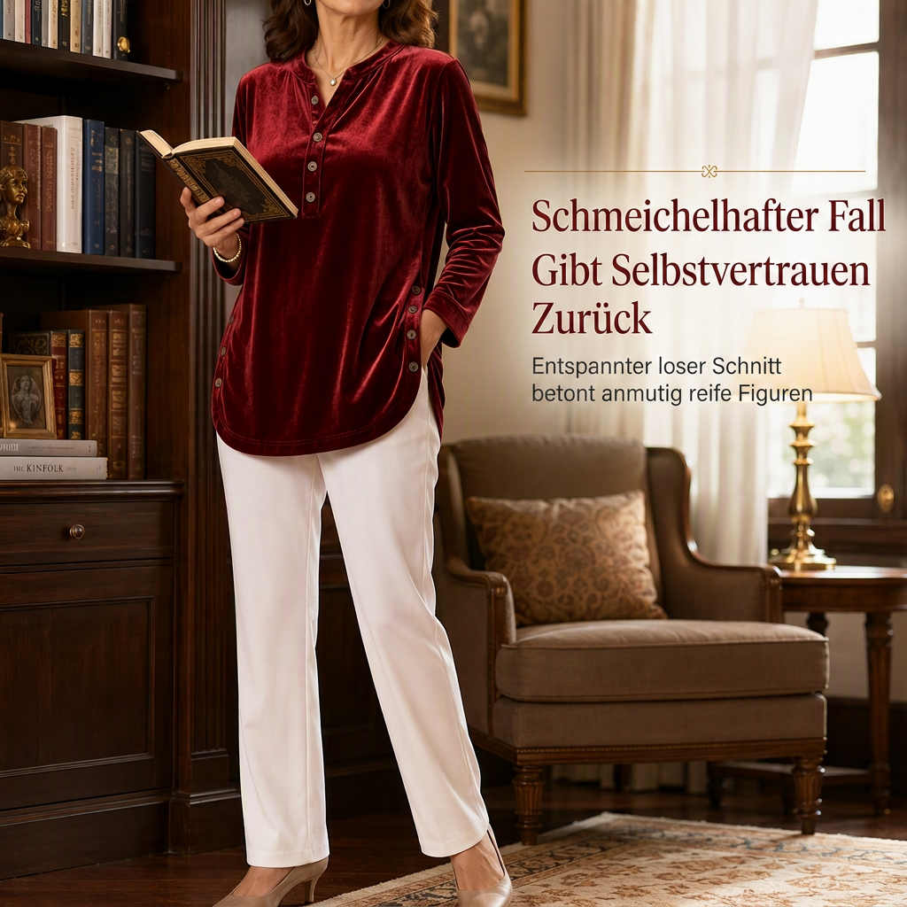 ⏰ Die Aktion läuft aus – also schnell sein lohnt sich! Lässiges, lockeres Samt-Langarmshirt für Damen mit Knopf-V-Ausschnitt