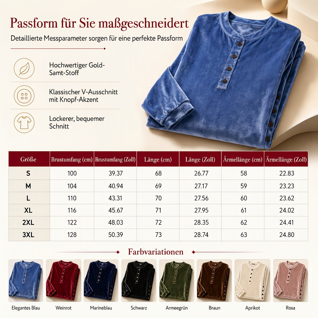 ⏰ Die Aktion läuft aus – also schnell sein lohnt sich! Lässiges, lockeres Samt-Langarmshirt für Damen mit Knopf-V-Ausschnitt