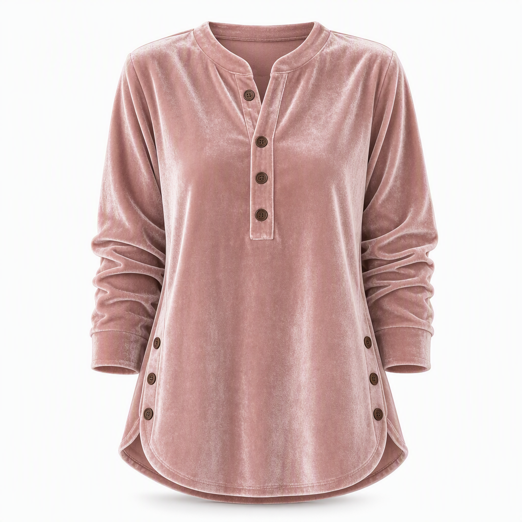 ⏰ Die Aktion läuft aus – also schnell sein lohnt sich! Lässiges, lockeres Samt-Langarmshirt für Damen mit Knopf-V-Ausschnitt