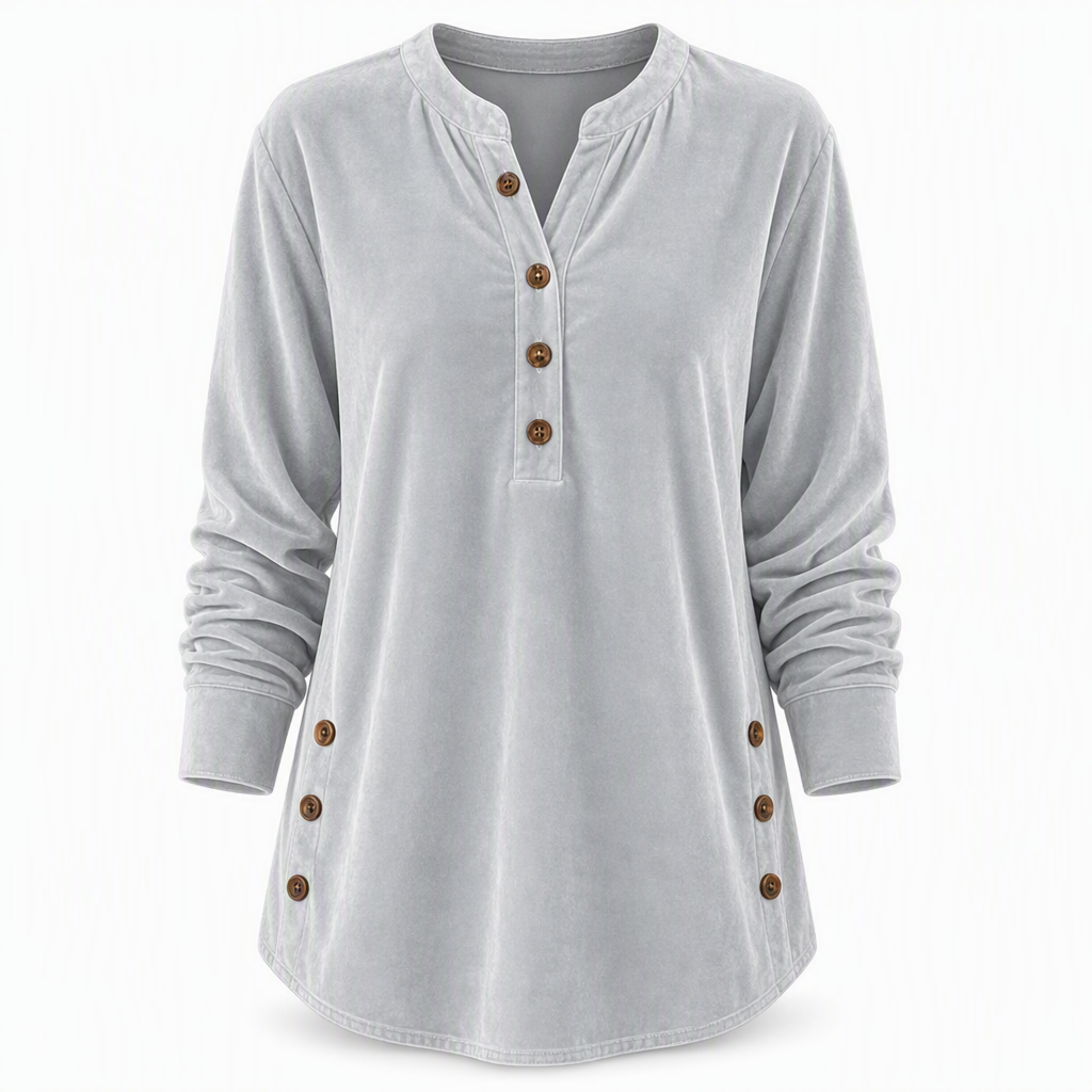 ⏰ Die Aktion läuft aus – also schnell sein lohnt sich! Lässiges, lockeres Samt-Langarmshirt für Damen mit Knopf-V-Ausschnitt