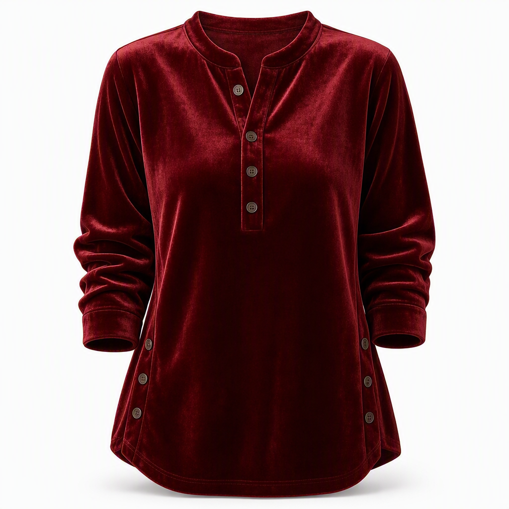 ⏰ Die Aktion läuft aus – also schnell sein lohnt sich! Lässiges, lockeres Samt-Langarmshirt für Damen mit Knopf-V-Ausschnitt