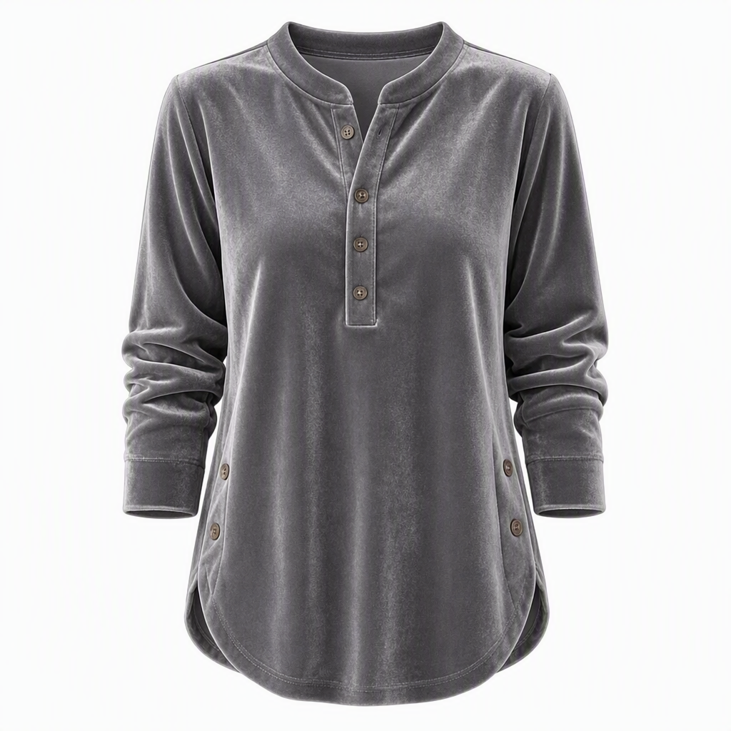 ⏰ Die Aktion läuft aus – also schnell sein lohnt sich! Lässiges, lockeres Samt-Langarmshirt für Damen mit Knopf-V-Ausschnitt