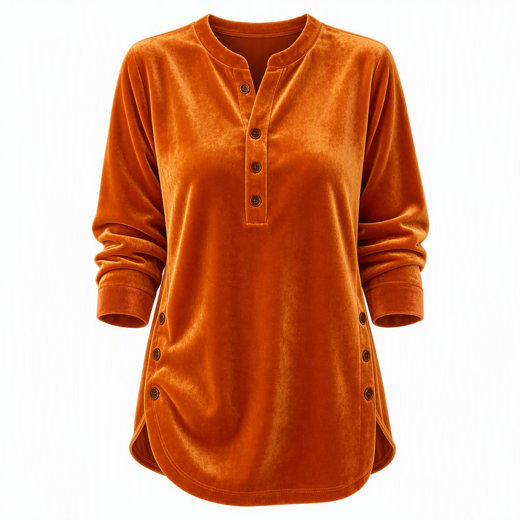 ⏰ Die Aktion läuft aus – also schnell sein lohnt sich! Lässiges, lockeres Samt-Langarmshirt für Damen mit Knopf-V-Ausschnitt
