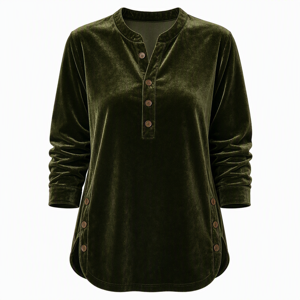 ⏰ Die Aktion läuft aus – also schnell sein lohnt sich! Lässiges, lockeres Samt-Langarmshirt für Damen mit Knopf-V-Ausschnitt