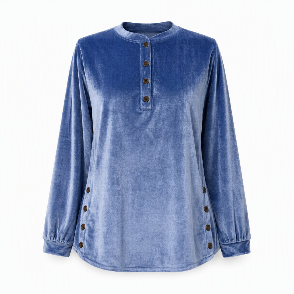 ⏰ Die Aktion läuft aus – also schnell sein lohnt sich! Lässiges, lockeres Samt-Langarmshirt für Damen mit Knopf-V-Ausschnitt