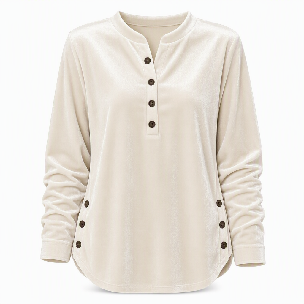 ⏰ Die Aktion läuft aus – also schnell sein lohnt sich! Lässiges, lockeres Samt-Langarmshirt für Damen mit Knopf-V-Ausschnitt