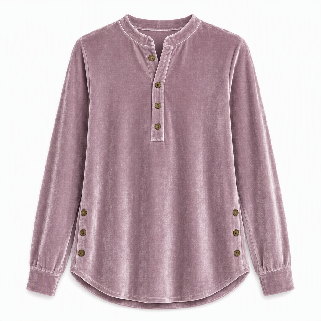 ⏰ Die Aktion läuft aus – also schnell sein lohnt sich! Lässiges, lockeres Samt-Langarmshirt für Damen mit Knopf-V-Ausschnitt