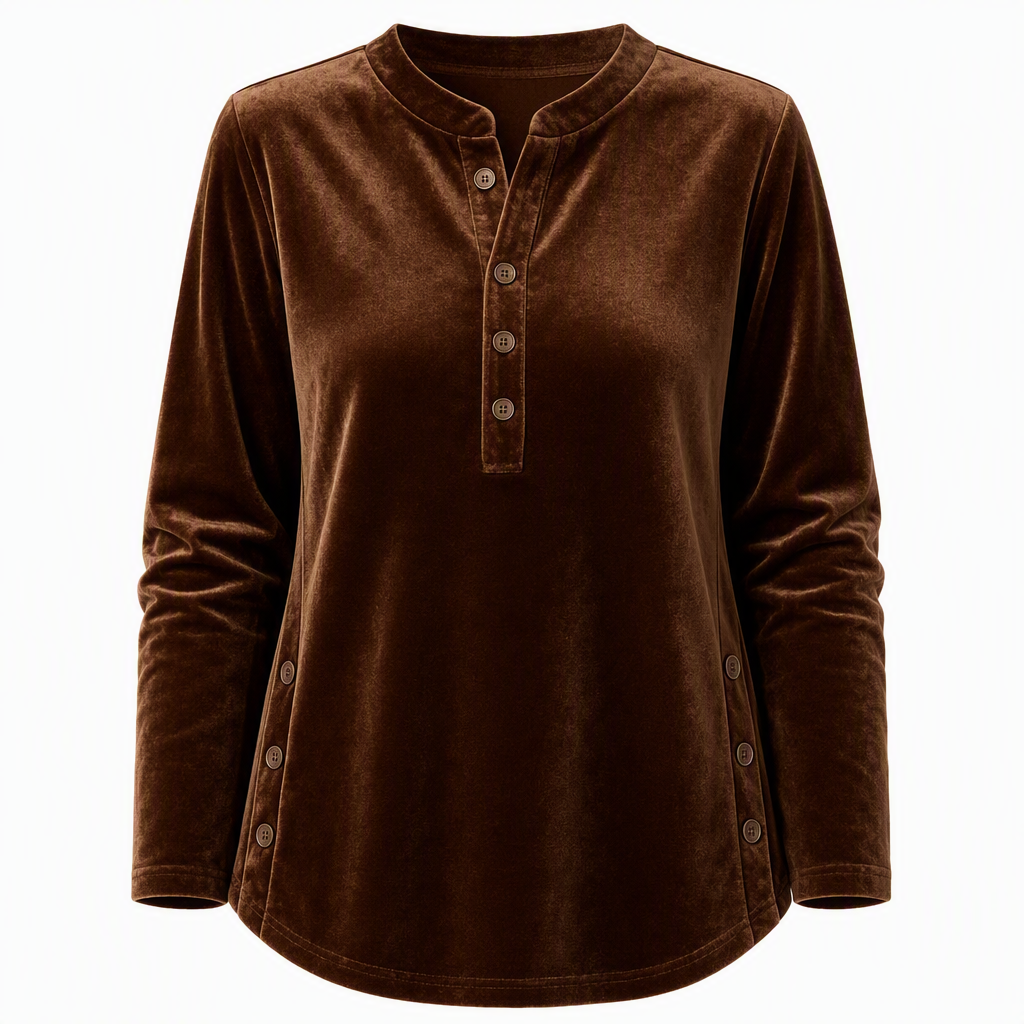 ⏰ Die Aktion läuft aus – also schnell sein lohnt sich! Lässiges, lockeres Samt-Langarmshirt für Damen mit Knopf-V-Ausschnitt