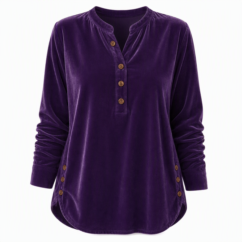 ⏰ Die Aktion läuft aus – also schnell sein lohnt sich! Lässiges, lockeres Samt-Langarmshirt für Damen mit Knopf-V-Ausschnitt