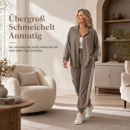 📢📢50%Rabatt!!!🎉✨Zweiteiliges lässiges Lounge-Set für Damen mit oversizedem Hemd mit Knopfleiste und Jogginghose mit Seitenstreifen