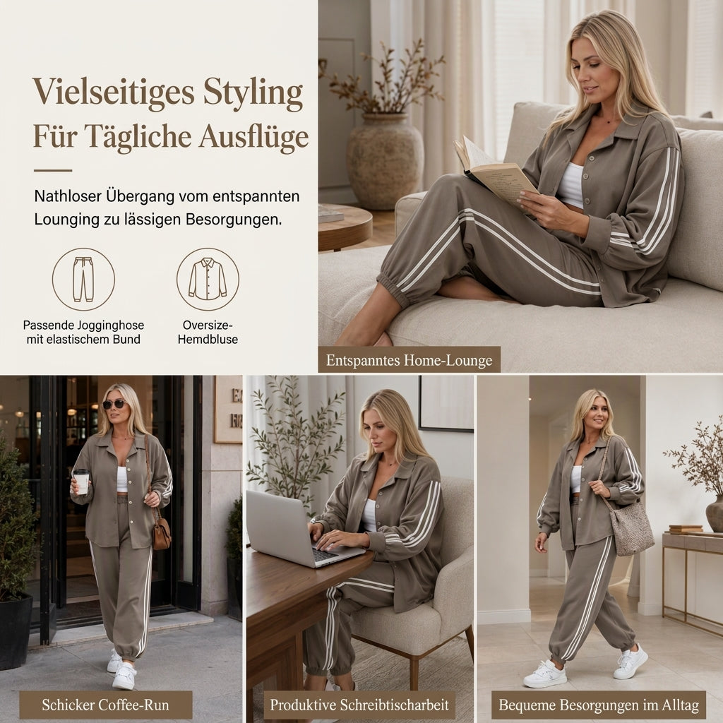 📢📢50%Rabatt!!!🎉✨Zweiteiliges lässiges Lounge-Set für Damen mit oversizedem Hemd mit Knopfleiste und Jogginghose mit Seitenstreifen