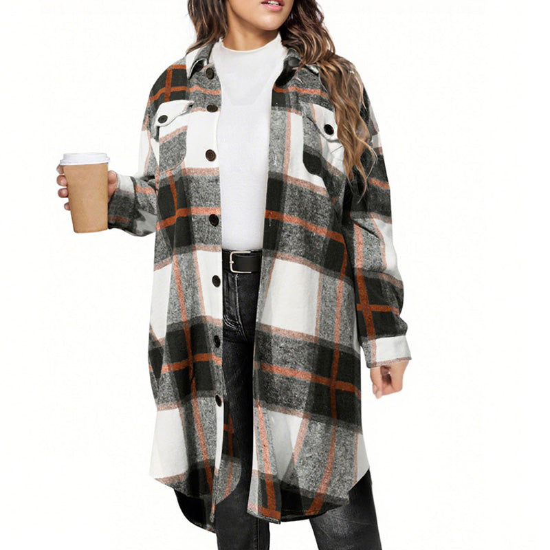 📢📢50%Rabatt!!!🎉✨Stilvolle lange karierte Damen-Hemdjacke mit Umlegekragen