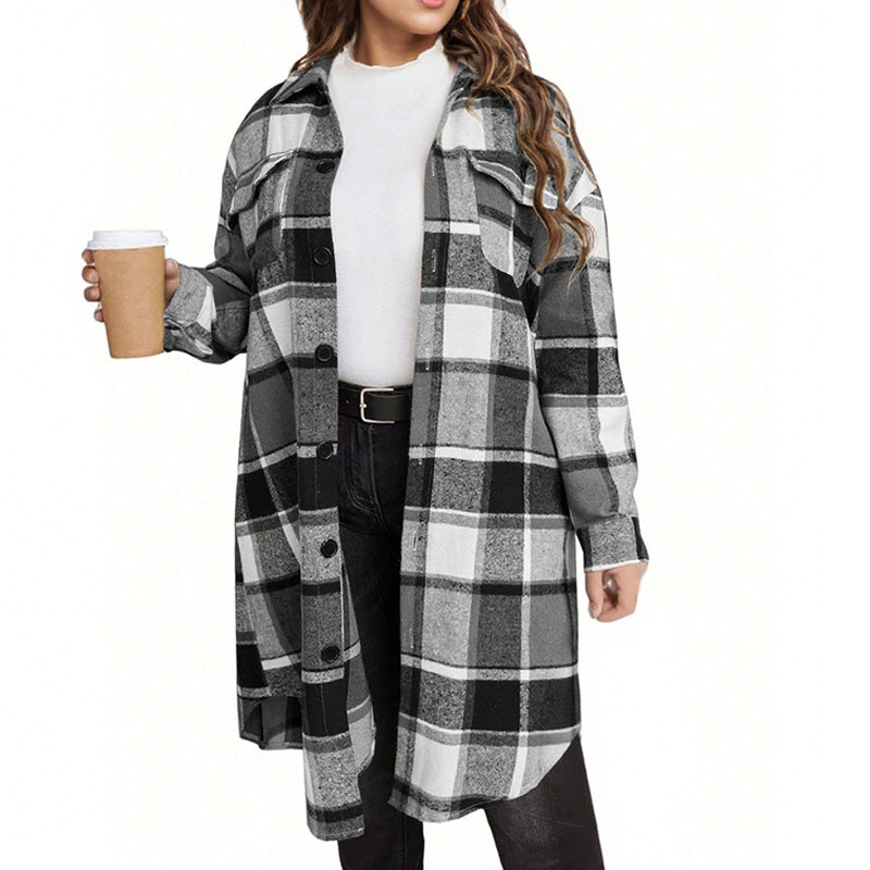📢📢50%Rabatt!!!🎉✨Stilvolle lange karierte Damen-Hemdjacke mit Umlegekragen