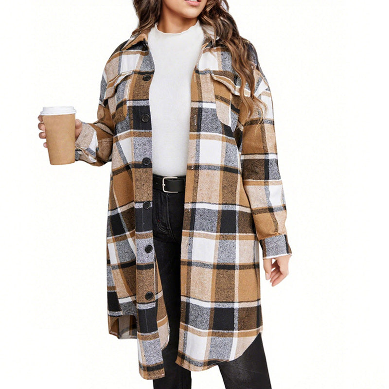 📢📢50%Rabatt!!!🎉✨Stilvolle lange karierte Damen-Hemdjacke mit Umlegekragen