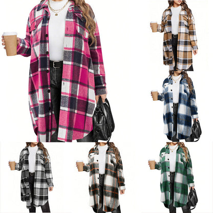 📢📢50%Rabatt!!!🎉✨Stilvolle lange karierte Damen-Hemdjacke mit Umlegekragen