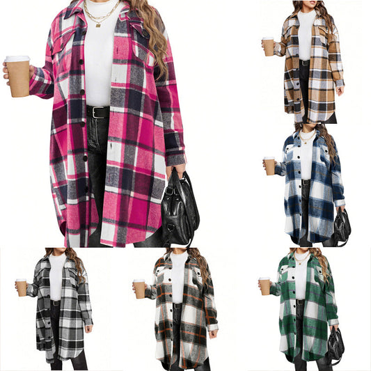 📢📢50%Rabatt!!!🎉✨Stilvolle lange karierte Damen-Hemdjacke mit Umlegekragen