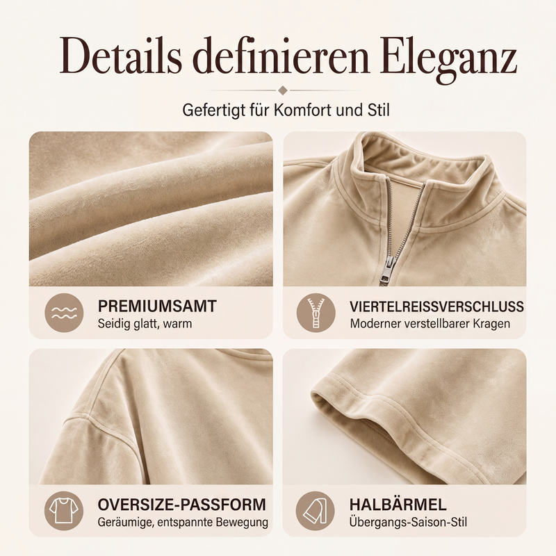 🔥Beliebtes Produkt ！✨Samt-Oberteil mit 3/4-Ärmeln und Halb-Reißverschluss für Damen
