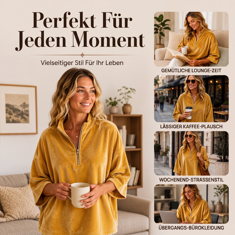 🔥Beliebtes Produkt ！✨Samt-Oberteil mit 3/4-Ärmeln und Halb-Reißverschluss für Damen