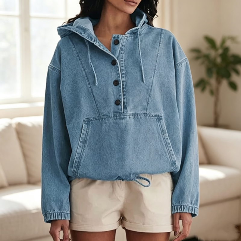 📢📢50%Rabatt!!!🎉✨Legere Jeans-Kapuzenjacke mit Knopfleiste für Damen