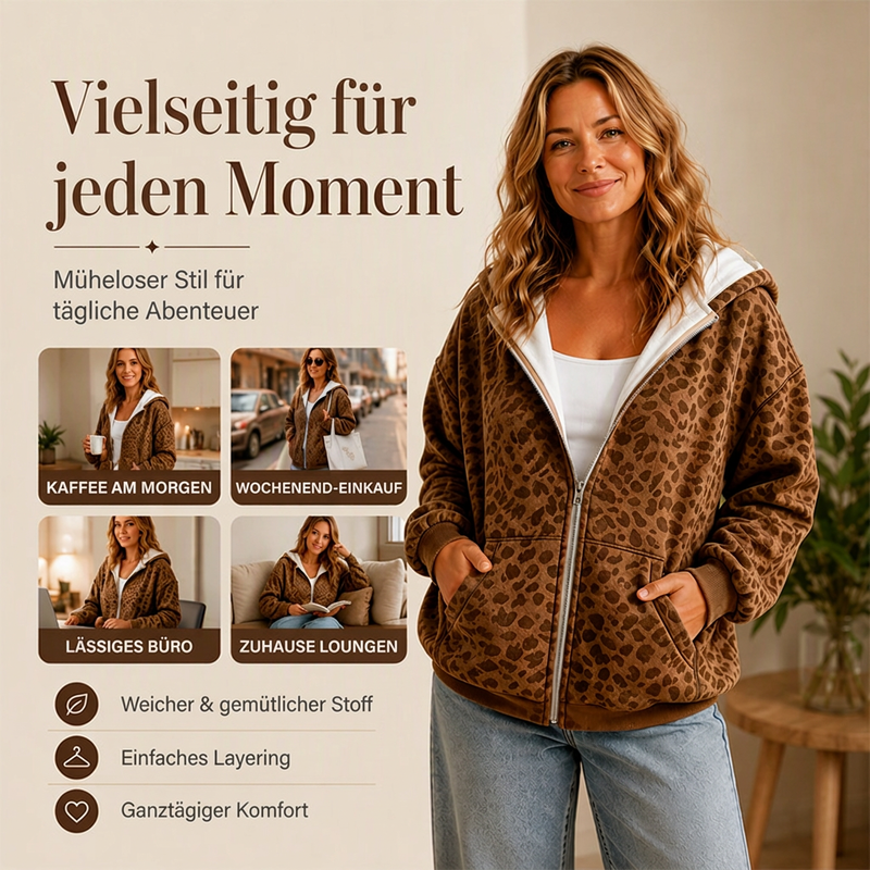 🔥Beliebtes Produkt ！✨Damen Hoodie mit Reißverschluss und Leopardenmuster