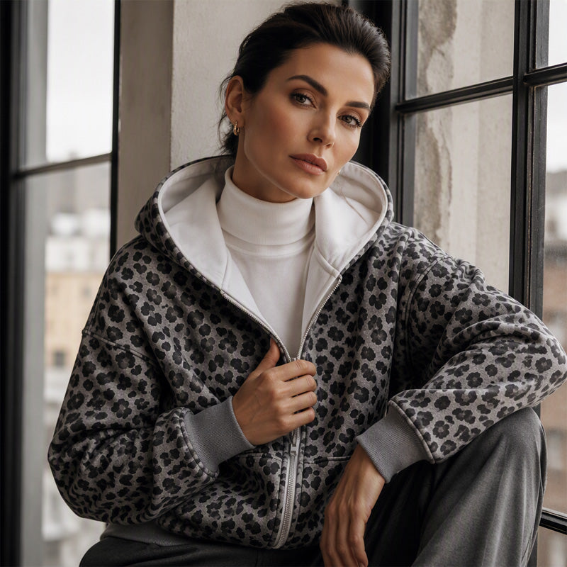 🔥Beliebtes Produkt ！✨Damen Hoodie mit Reißverschluss und Leopardenmuster