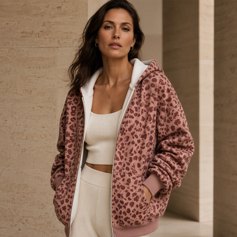 🔥Beliebtes Produkt ！✨Damen Hoodie mit Reißverschluss und Leopardenmuster