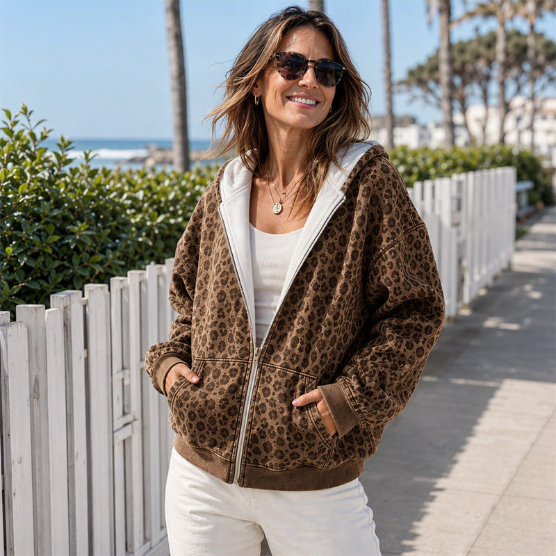 🔥Beliebtes Produkt ！✨Damen Hoodie mit Reißverschluss und Leopardenmuster