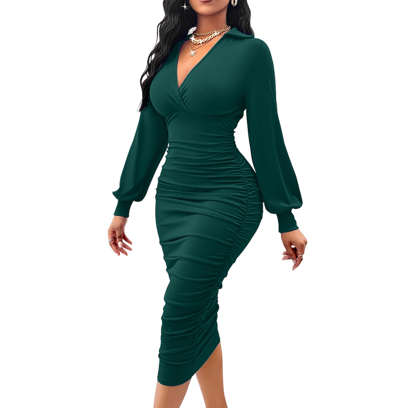 🔥Beliebtes Produkt ！✨Damen V-Ausschnitt Ballonärmel gerafftes Bodycon-Kleid
