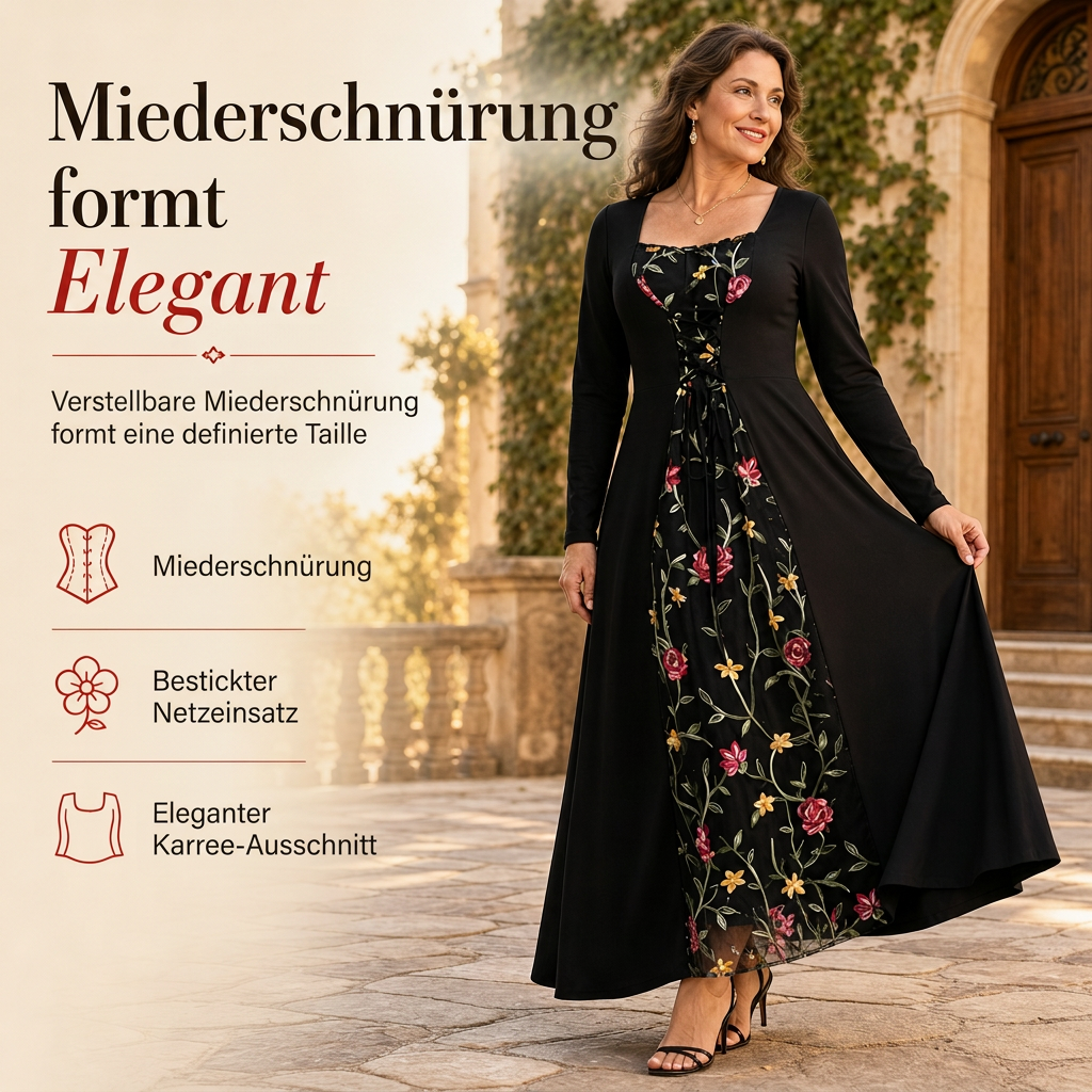 📢📢50%Rabatt!!!🎉✨Schwarzes langärmeliges Corset-Maxikleid mit quadratischem Ausschnitt, Schnürung und floral besticktem Netzeinsatz