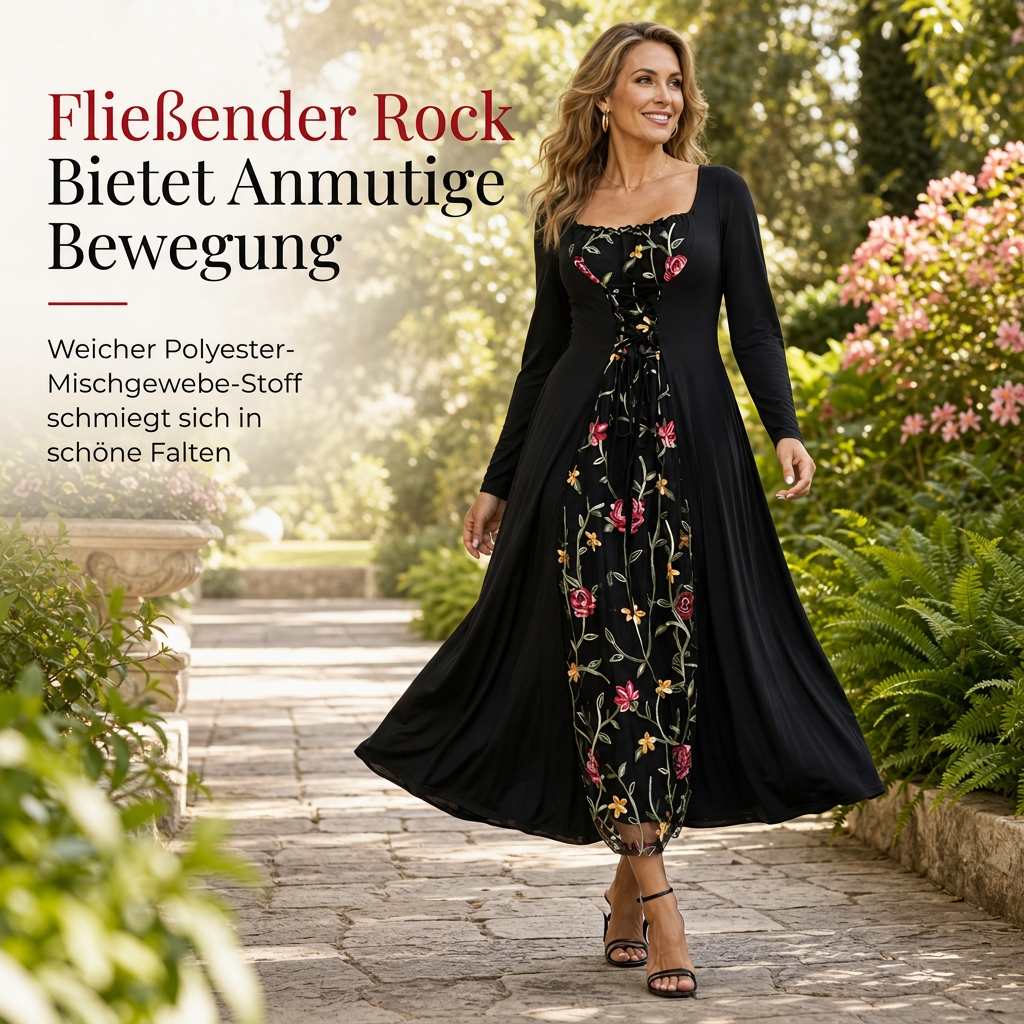 📢📢50%Rabatt!!!🎉✨Schwarzes langärmeliges Corset-Maxikleid mit quadratischem Ausschnitt, Schnürung und floral besticktem Netzeinsatz
