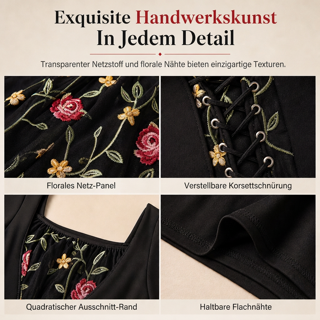 📢📢50%Rabatt!!!🎉✨Schwarzes langärmeliges Corset-Maxikleid mit quadratischem Ausschnitt, Schnürung und floral besticktem Netzeinsatz
