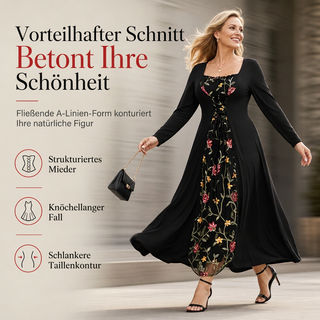 📢📢50%Rabatt!!!🎉✨Schwarzes langärmeliges Corset-Maxikleid mit quadratischem Ausschnitt, Schnürung und floral besticktem Netzeinsatz