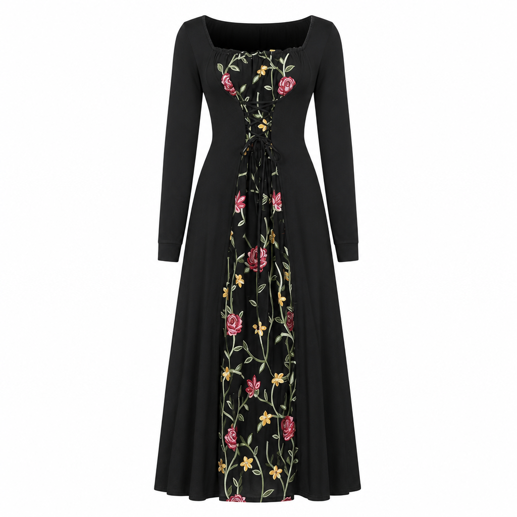 📢📢50%Rabatt!!!🎉✨Schwarzes langärmeliges Corset-Maxikleid mit quadratischem Ausschnitt, Schnürung und floral besticktem Netzeinsatz