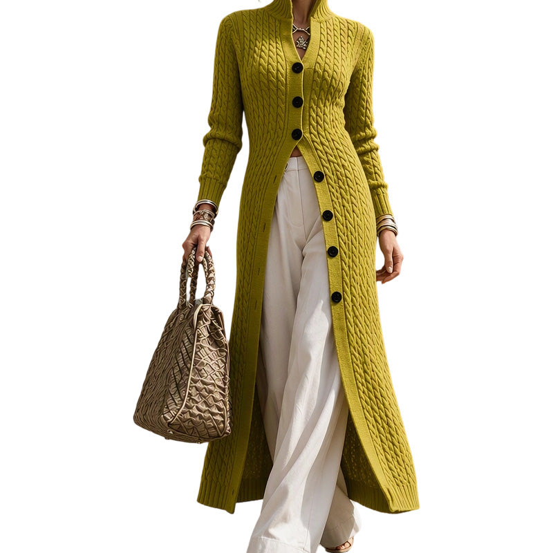 📢📢50%Rabatt!!!🎉✨Damen-Lang-Cardigan im Zopfmuster mit Stehkragen, Staubmantel-Pullovermantel