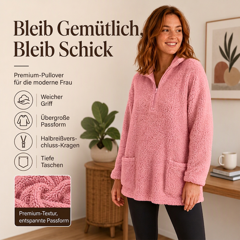 🔥Beliebtes Produkt ！✨Plüsch-Sweatshirt für Damen mit halbem Reißverschluss und Taschen