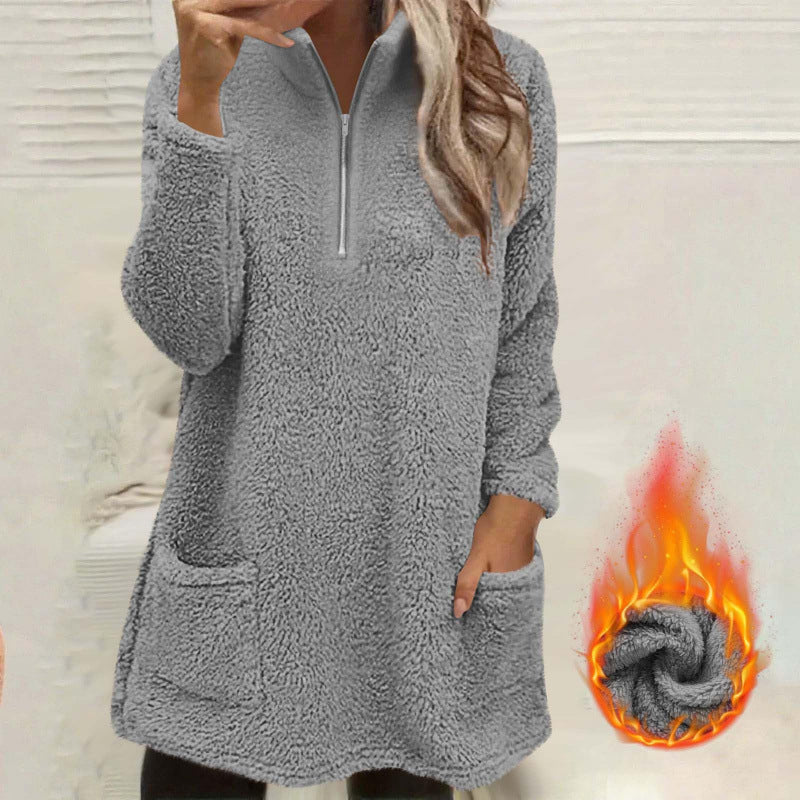 🔥Beliebtes Produkt ！✨Plüsch-Sweatshirt für Damen mit halbem Reißverschluss und Taschen